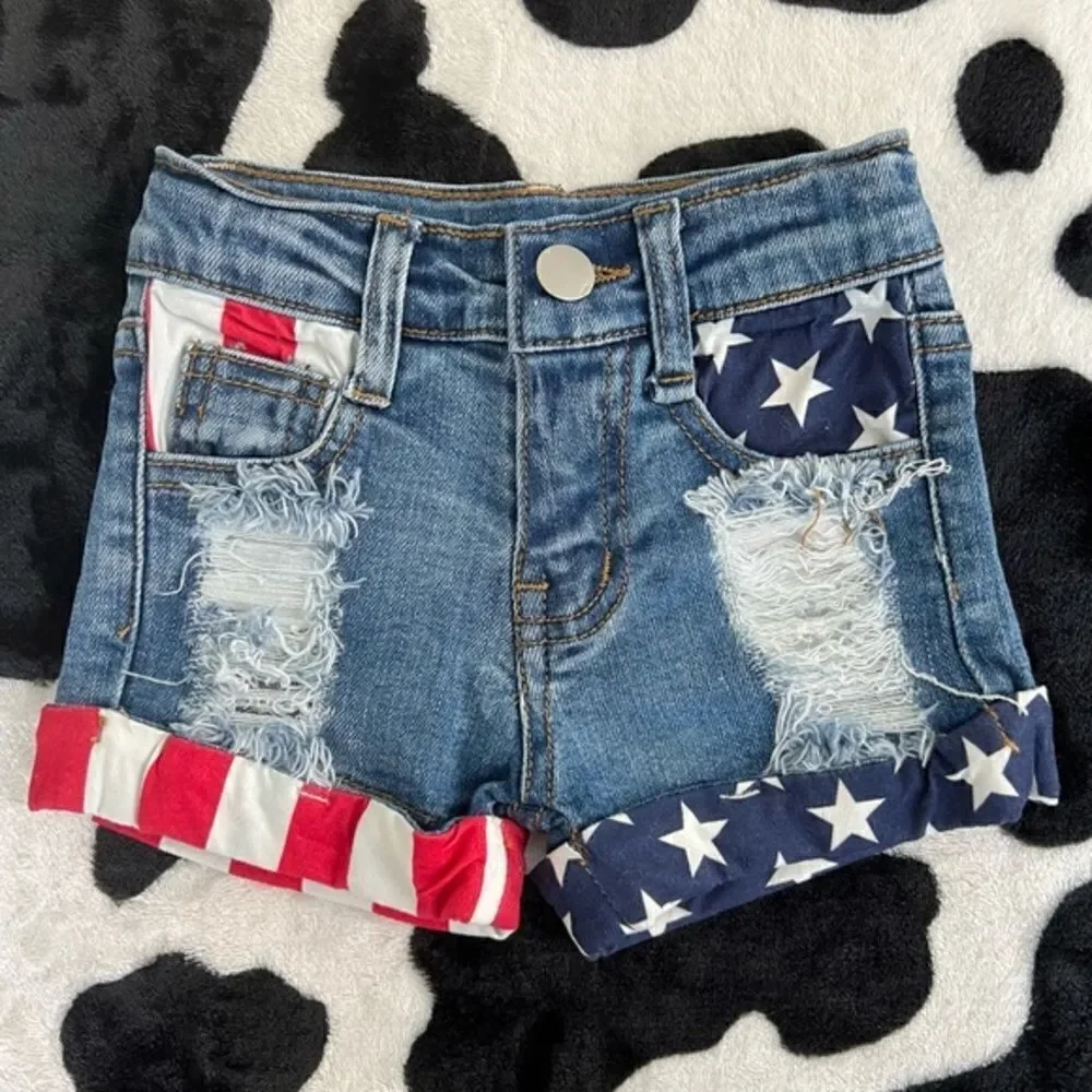 Stars and Stripes Distressed Denim Short Set 3XS (6-12 months) 4th of July Girls - Picture 3 of 16
